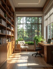 Obraz premium Sunlit home office interior with wooden library shelves, large window garden view, comfortable armchair and desk, peaceful workspace for remote work
