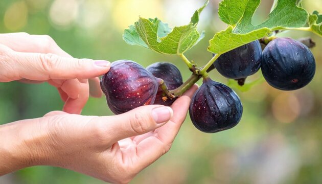 Woman hand touching fresh ripe purple figs on branch, seasonal garden harvest, organic farming, healthy mediterranean fruit, nature background