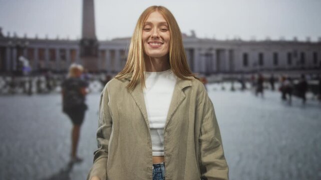 Woman blows a kiss with hands held forward toward camera in a busy city street piazza framed by a monumental colonnade and obelisk; playful joy.