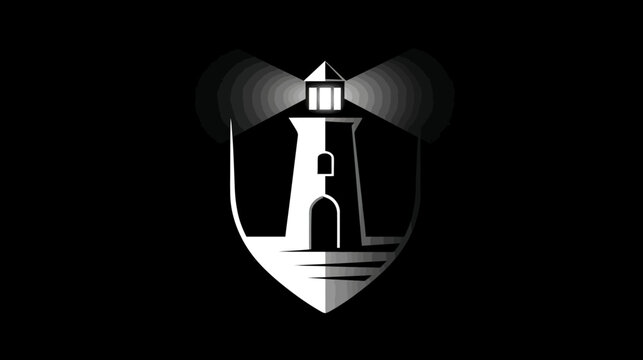 Black and white illustration of a lighthouse within a shield shape, with a spotlight effect