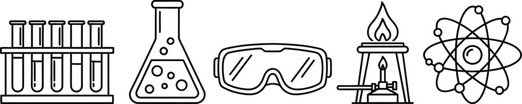 Set of scientific laboratory equipment and chemistry icons.
