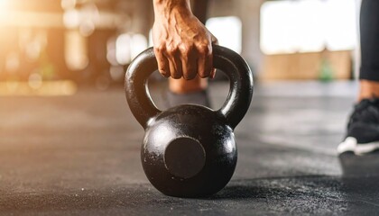Naklejka premium Athlete's hand gripping a black kettlebell on a gym floor, ready for strength and fitness training.