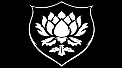 Fototapeta premium A white floral emblem, with a lotus in the middle, framed by a shield. Set against black background
