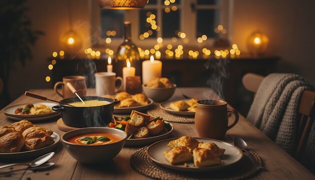 Cozy Dinner Table with Warm Candlelight