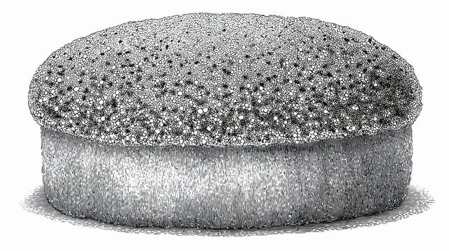 Black and white illustration of a round object with a grainy surface atop a ribbed base