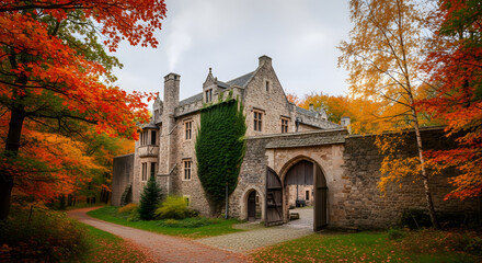 Obraz premium Large Stone Castle Gate House Structure.