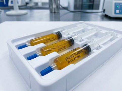 Sterile plasma product in syringes for medical use stored in tray.