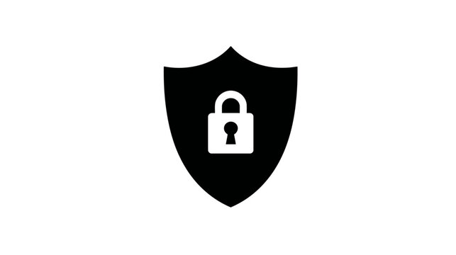 A black shield silhouette with a white padlock emblem in the center against a white backdrop