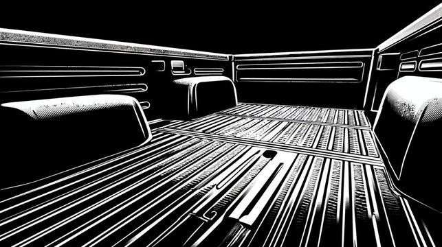Stark black and white image of a truck bed interior, focusing on the detail of the bed