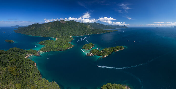 Aerial panorama of the coastline in Brazil. Area near the Island of Ilha Grande and lagoon named Lagoa Azul