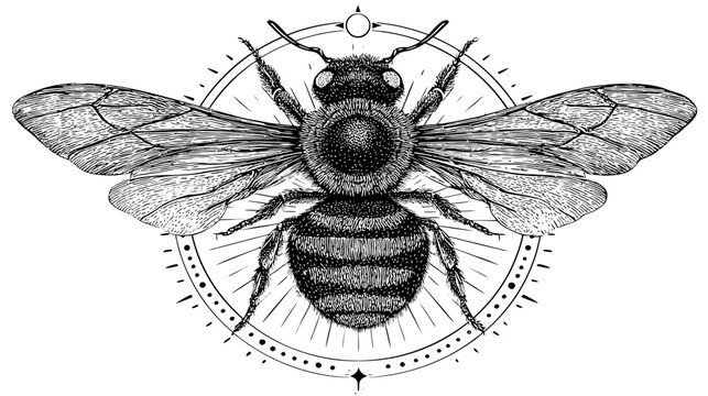 Detailed pen and ink illustration of a bee, centered within a circular pattern with radiating lines