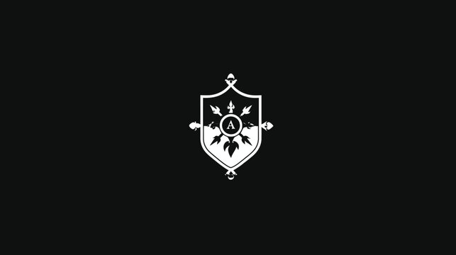 A white crest with ornate elements on a black background. Includes an "A" inside a circle