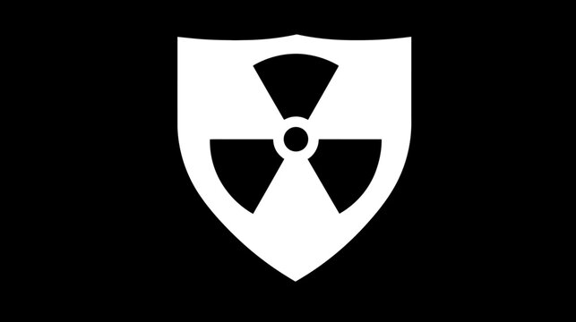 A white shield contains a radioactive symbol against a black background. Graphic, simple, and bold