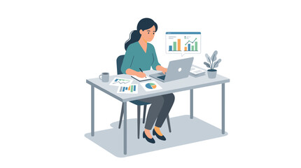 Fototapeta premium Businesswoman at Desk with Laptop and Charts Focused on Work.