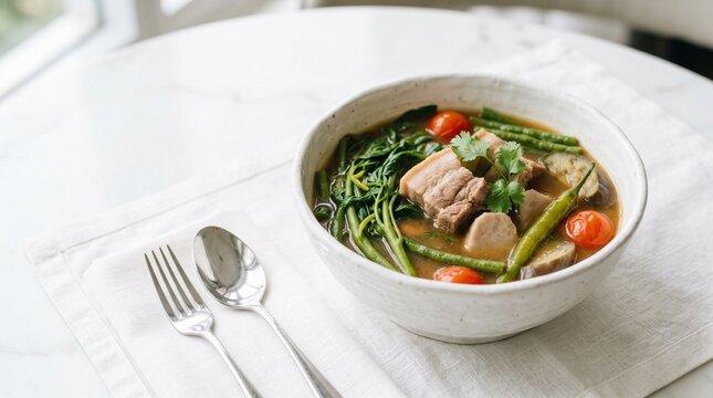 Authentic Pinoy Sinigang on white bowl with copy space area