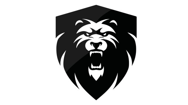 A stylized, monochromatic image depicting a roaring bear's head within a shield shape