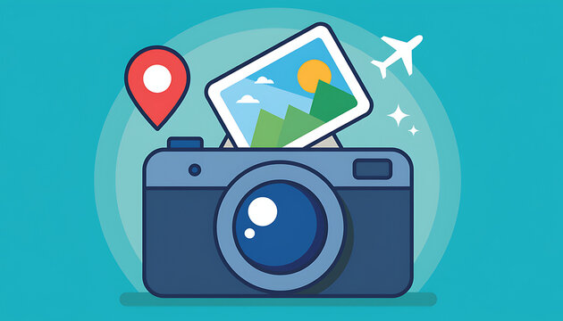 Camera with tablet and location pin.
