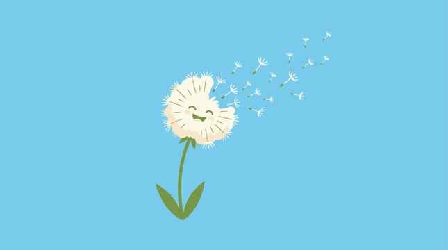 Happy cartoon dandelion blowing seeds on blue background