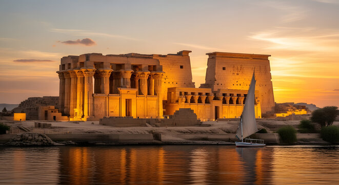 Philae Temple at sunset Egypt.