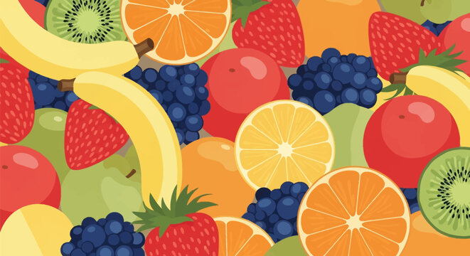 Flat design vector illustration featuring a dense arrangement of colorful mixed fruits including orange slices, kiwi fruit, bananas, strawberries, blueberries, and red apples.