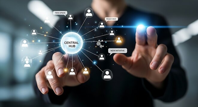 Corporate communication concept. A communication professional's hands transmit a message from a 'central hub' to a network of employees on a hologram.