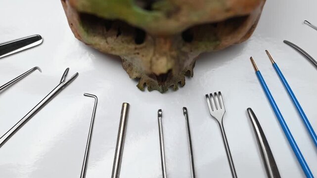 Human skull surrounded by neurosurgery instruments on white background. Professional surgical equipment displayed with ancient cranium for medical education or forensic science research concepts