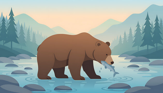 Brown bear catching fish in water.