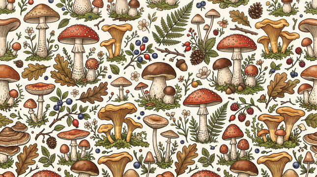 seamless pattern with leaves and mashrooms
