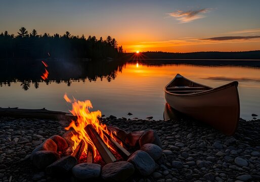 Beautiful Sunset Camping Scene with Canoe and Campfire by the Lake.