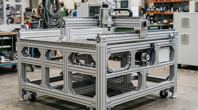 Medium shot of a modular machine platform showcasing a sturdy extrusion frame with seamless assembly highlighting flexibility for industrial manufacturing setups.