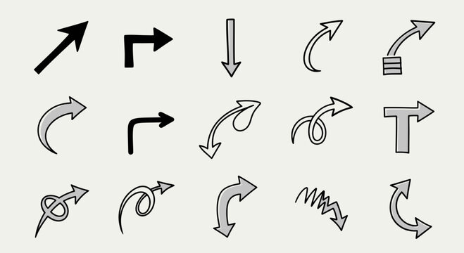 Collection of Hand Drawn Arrows Icons on White Background with Copy Space