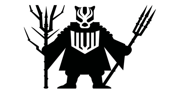 Black and White Illustration of a Tribal Shaman Warrior with Animal Mask, Trident, and Mystical Staff