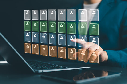 Recruitment management system concept with businessman using candidate selection app, representing applicant tracking, hiring automation, and HR technology.
