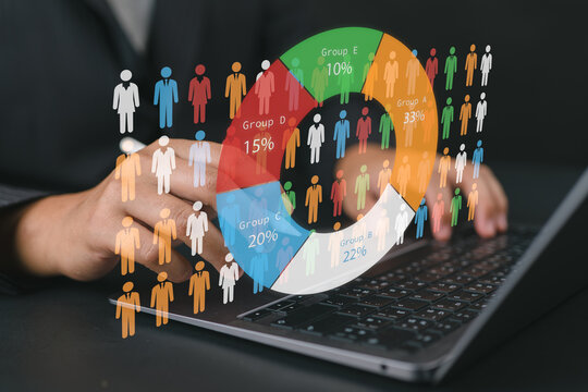 Businessperson analyzing statistical data on laptop, representing demographic analysis, market segmentation, target audience insights, and data-driven marketing strategy.