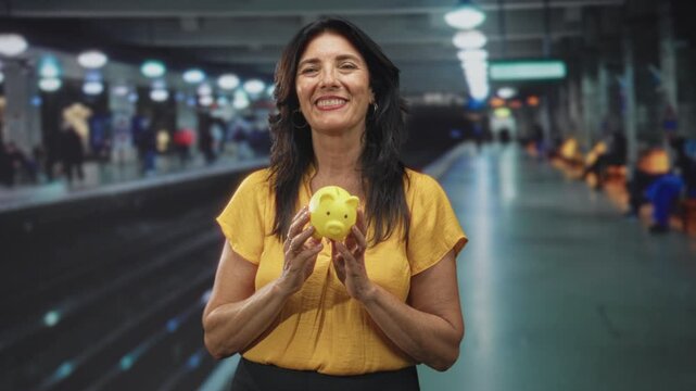 Woman holding yellow piggy bank and pointing finger on a train station building platform; savings optimism.