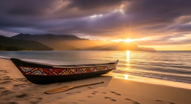 Traditional Polynesian outrigger canoe on sandy beach at sunset.