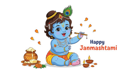 Naklejka premium Cute baby Krishna illustration with flute and butter pot, copy space