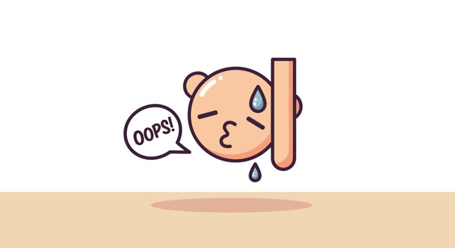 Cute cartoon character hitting head on pole with oops speech bubble, minimalist background