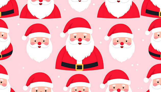 Pixel art seamless pattern of cheerful Santa Claus faces, festive holiday background with soft pink and white dots, joyful Christmas celebration design
