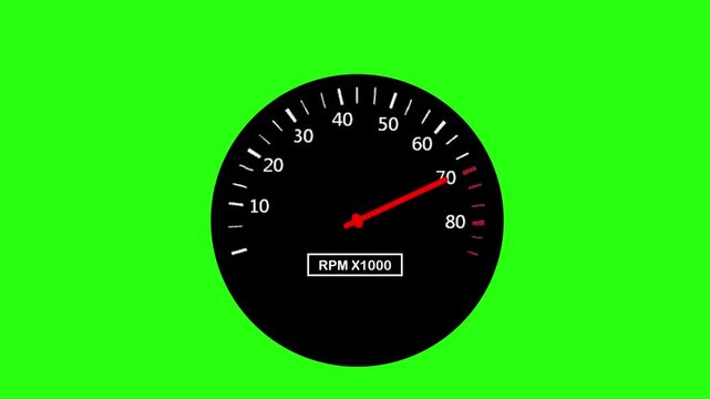 Animated car tachometer showing RPM speed increasing on a green screen. High-performance racing or automotive themed motion graphics.