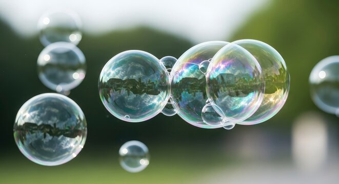 Iridescent soap bubbles floating in the air with colorful reflections and a blurred green park background