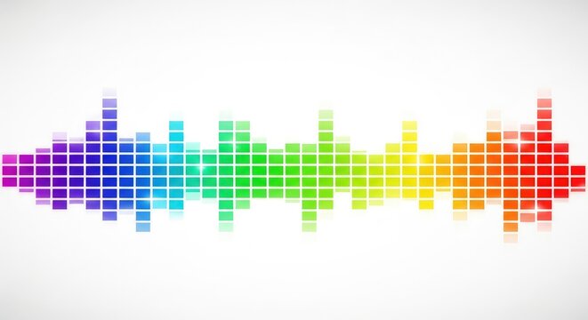 Digital sound wave equalizer with colorful rainbow bars on white background