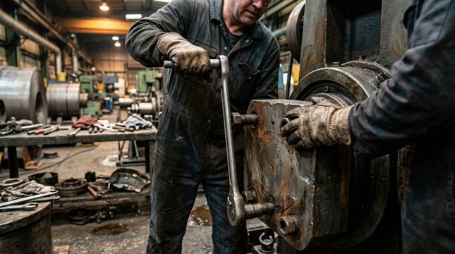 Closeup medium shot of technicians unscrewing worn chocks from a large roll stand bearing in a cold mill workshop.