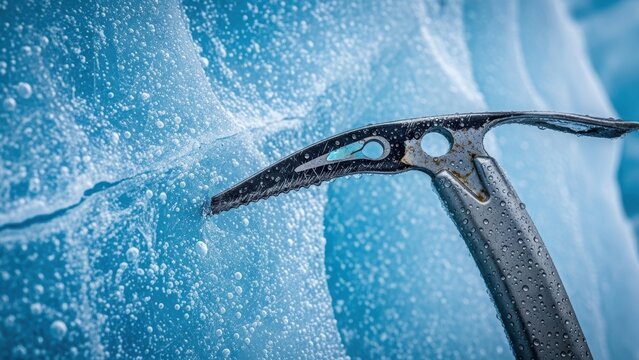 An ice axe stuck in a wall of blue glacial ice.