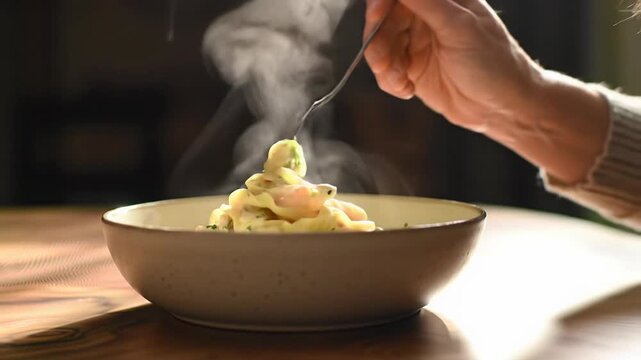 A human hand in a neutral long-sleeve twirls steaming creamy pasta with a silver fork, dolly pulling out to a ceramic bowl on a polished wood table with herb garnishes, soft warm natural light and