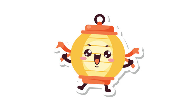 Cute cartoon lantern character with ribbons, isolated on white background, illustration for celebration