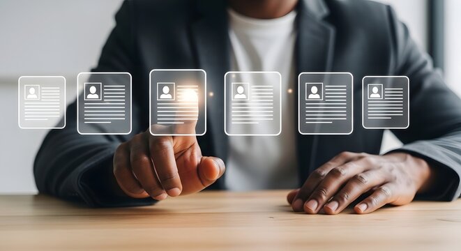 HR Manager reviewing professional resumes on a digital virtual interface for recruitment.