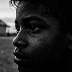 Naklejka premium photorealistic portrait featuring african american teenager boy caught in a moment of reflection