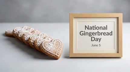 National Gingerbread Day June 5 sign, heart shaped gingerbread cookies, festive holiday food celebration