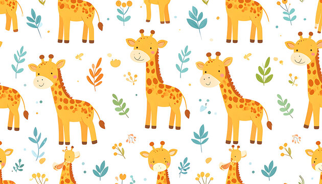 Seamless pattern with cute pixel art giraffes and leaves, cartoon style, playful and charming, ideal for kids' decor and fabric